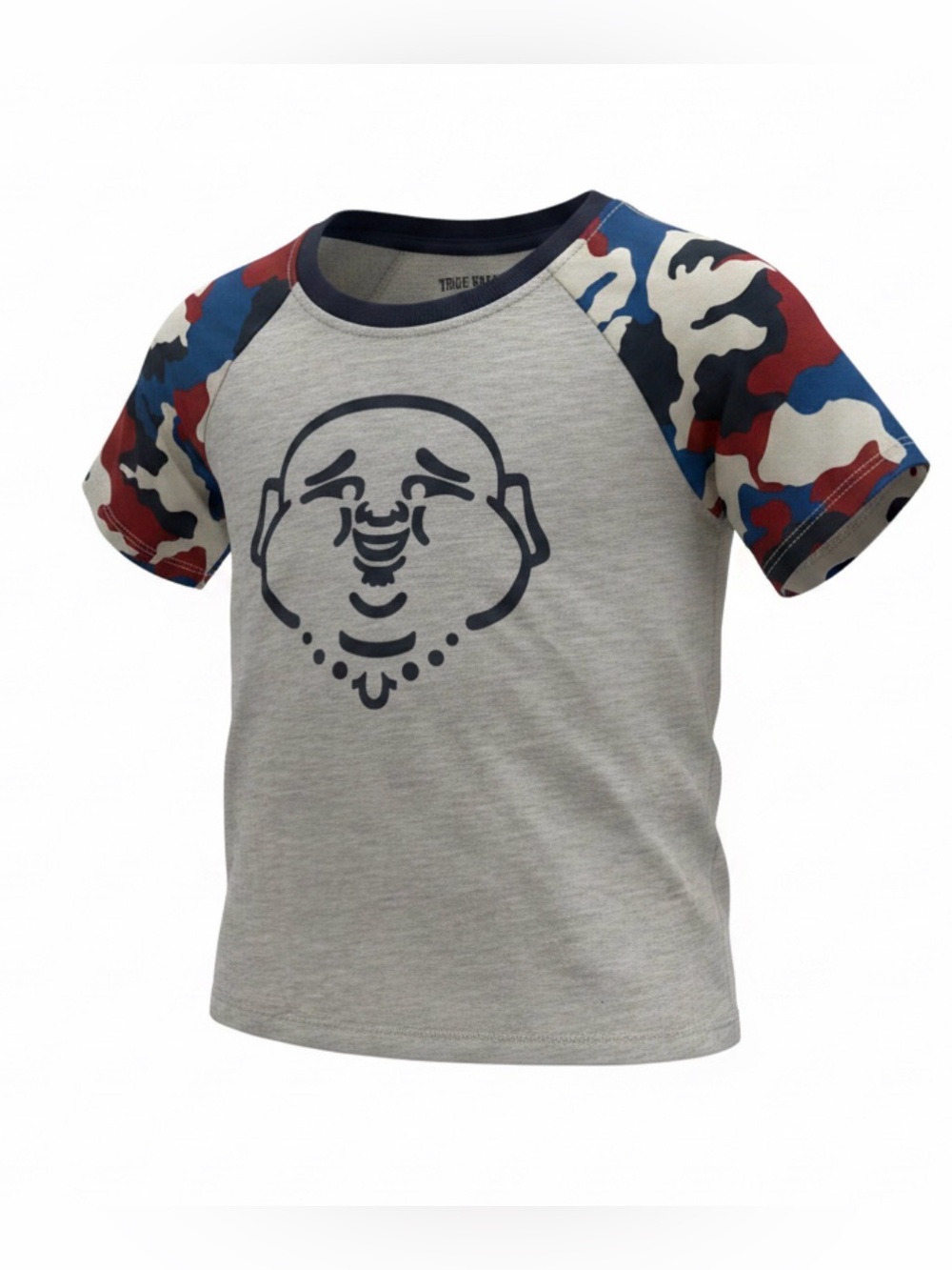True Religion Grey Tee with Red, Blue & Cream Camo Raglan Sleeves